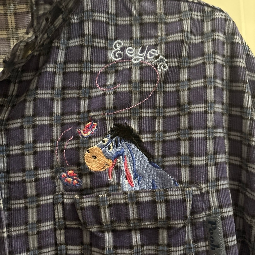 Vintage Disney Pooh Eeyore Womens Long Sleeve Button Shirt Plaid Corduroy Large - Picture 2 of 7